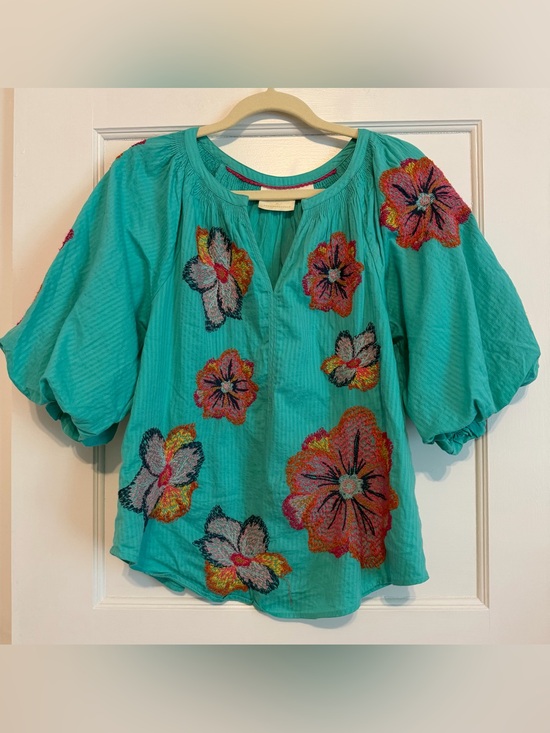 Anthropologie Tops - Maeve Anthropologie Embroidered Peasant Blouse XS Aqua Floral Puff Sleeve Cotton